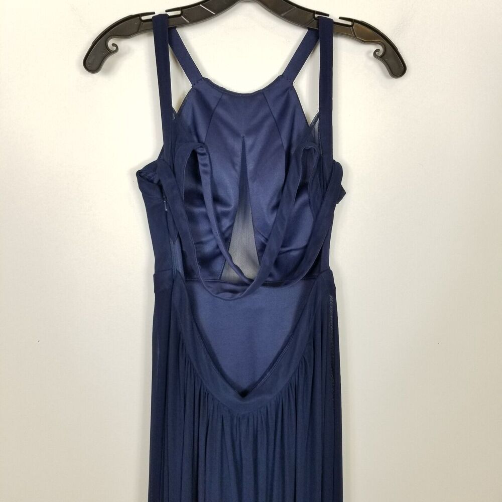 La Femme Women Keyhole Elegant Formal Gown Sz 4 Navy Chiffon Open Back Event - Picture 6 of 8